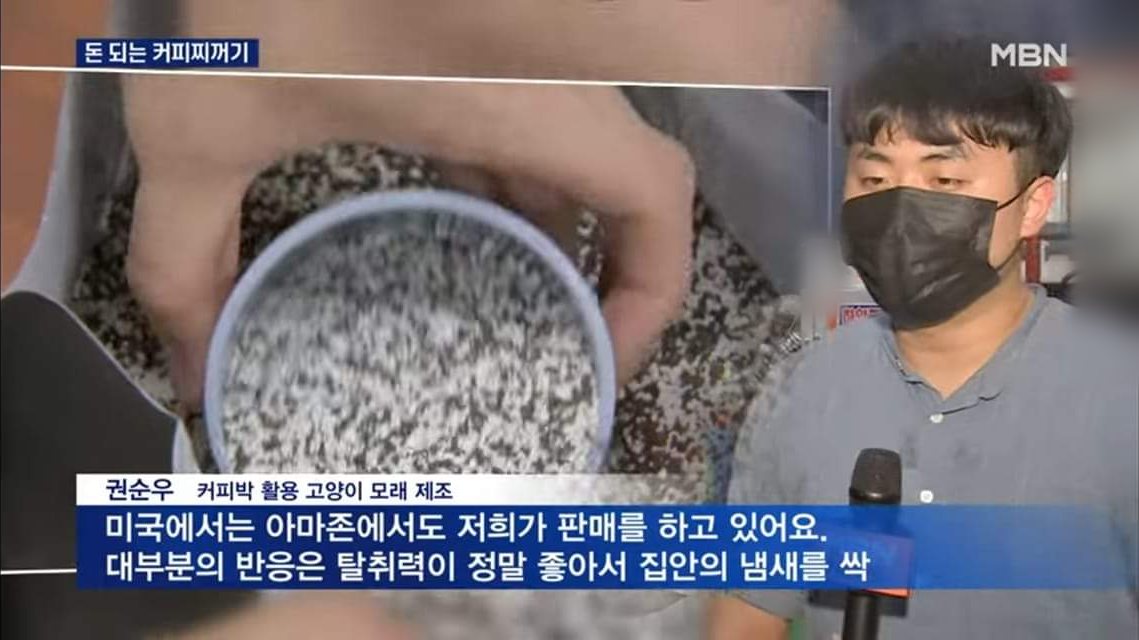MBN 뉴스 방송 화면 — 커피박 고양이 모래를 담은 컵과 인터뷰하는 권순우 대표, 자막 '돈 되는 커피찌꺼기'